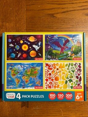 4-Pack Kids Puzzle Set - Blue/Yellow Box with Space, Dragon, Map & Fruit Designs